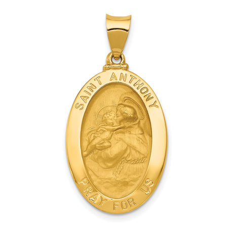 Hollow Saint Anthony Pray For Us Words Oval Charm Pendant in Real 14k Yellow Gold