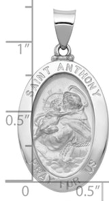 14k White Gold Saint Anthony Oval Pendant with Pray for Us Inscription, Catholic Religious Medal