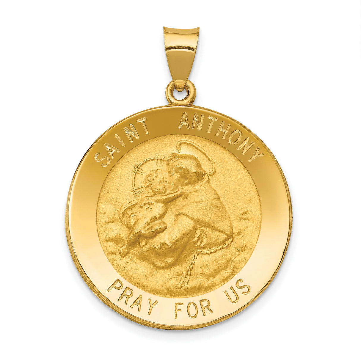 Hollow Saint Anthony Pray For Us Words Round Charm Pendant in Real 14k Yellow Gold