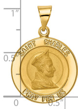 Saint Charles of Borromeo Pray For Us Words Round Medal Charm Pendant in Real 14k Yellow Gold