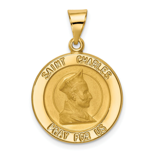 Saint Charles of Borromeo Pray For Us Words Round Medal Charm Pendant in Real 14k Yellow Gold