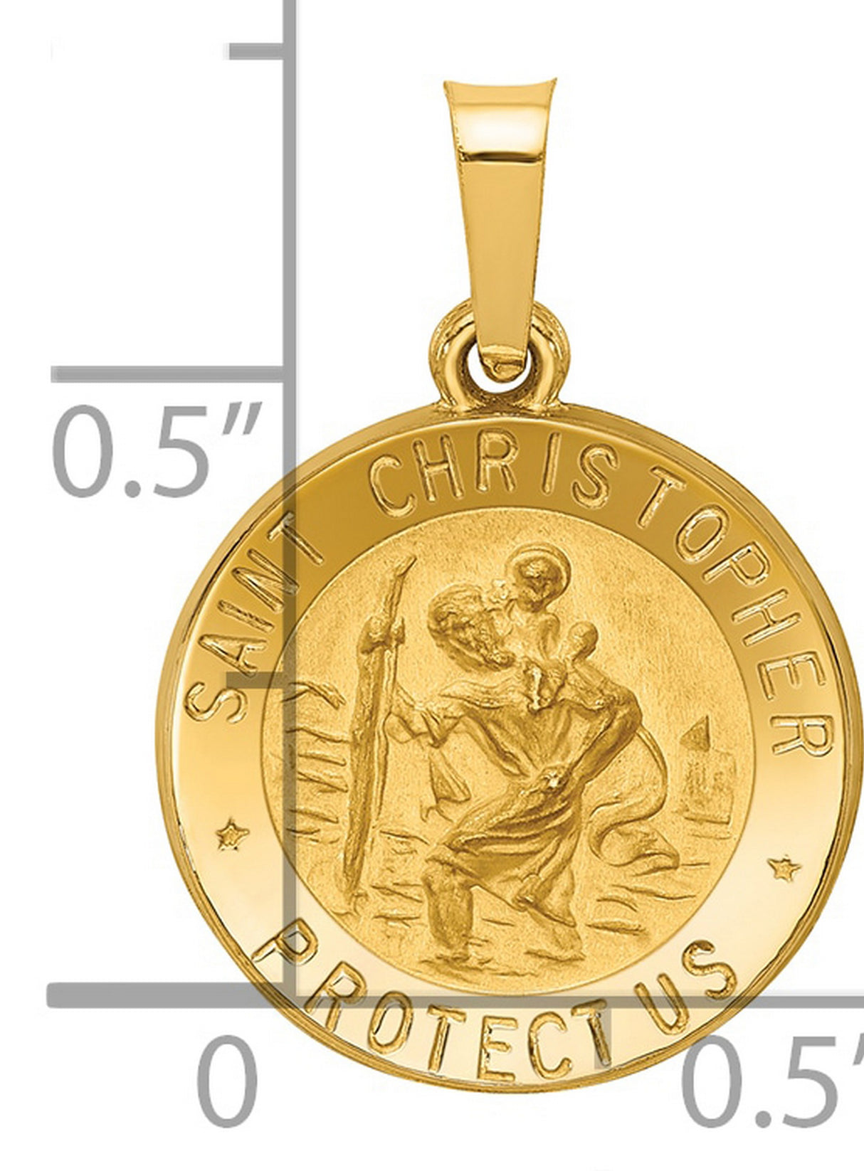 Hollow Saint Christopher Protect Us Words Round Medal Charm Pendant in Real 14k Yellow Gold