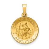 Hollow Saint Christopher Protect Us Words Round Medal Charm Pendant in Real 14k Yellow Gold