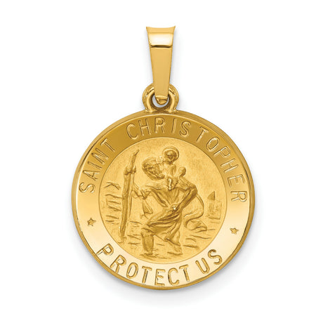 Hollow Saint Christopher Protect Us Words Round Medal Charm Pendant in Real 14k Yellow Gold