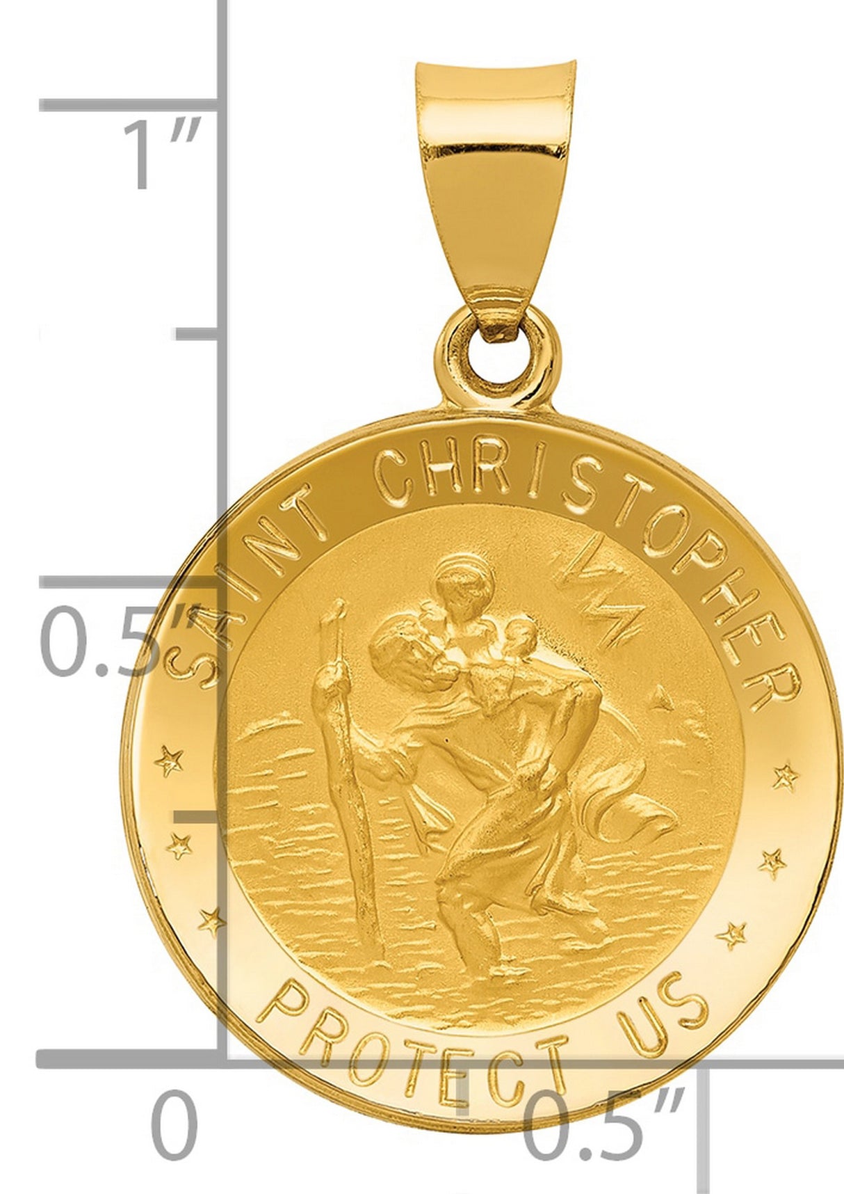 Hollow Saint Christopher Protect Us Words Medal Charm Pendant in Real 14k Yellow Gold