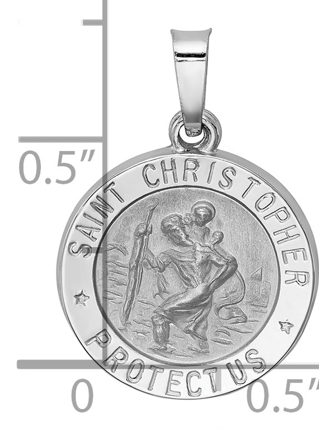 Hollow Saint Christopher Protect Us Words Round Medal Charm Pendant in Real 14k White Gold