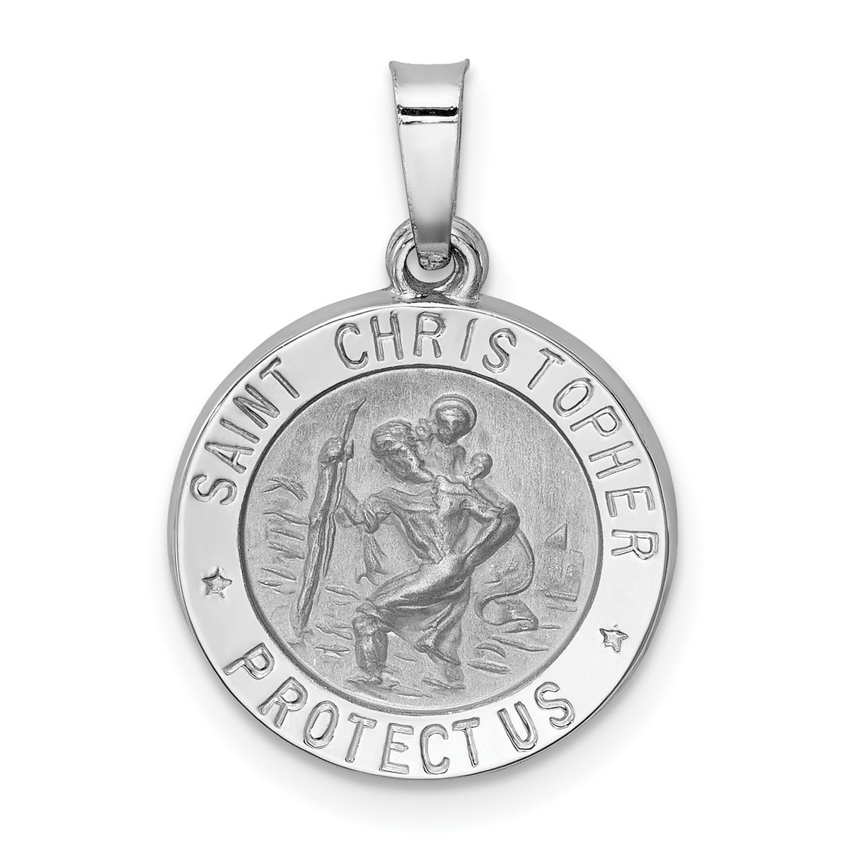 Hollow Saint Christopher Protect Us Words Round Medal Charm Pendant in Real 14k White Gold