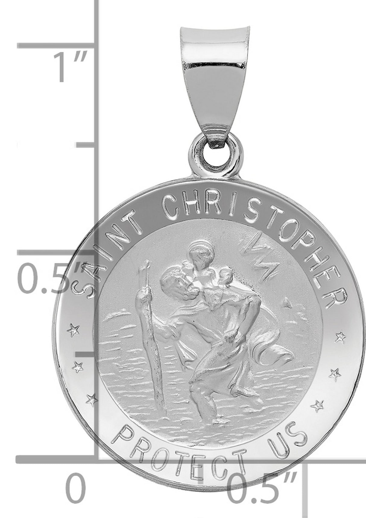 Hollow Saint Christopher Protect Us Words Medal Charm Pendant in Real 14k White Gold