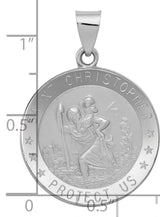 Hollow Saint Christopher Protect Us Words Round Medal Charm Pendant in Real 14k White Gold