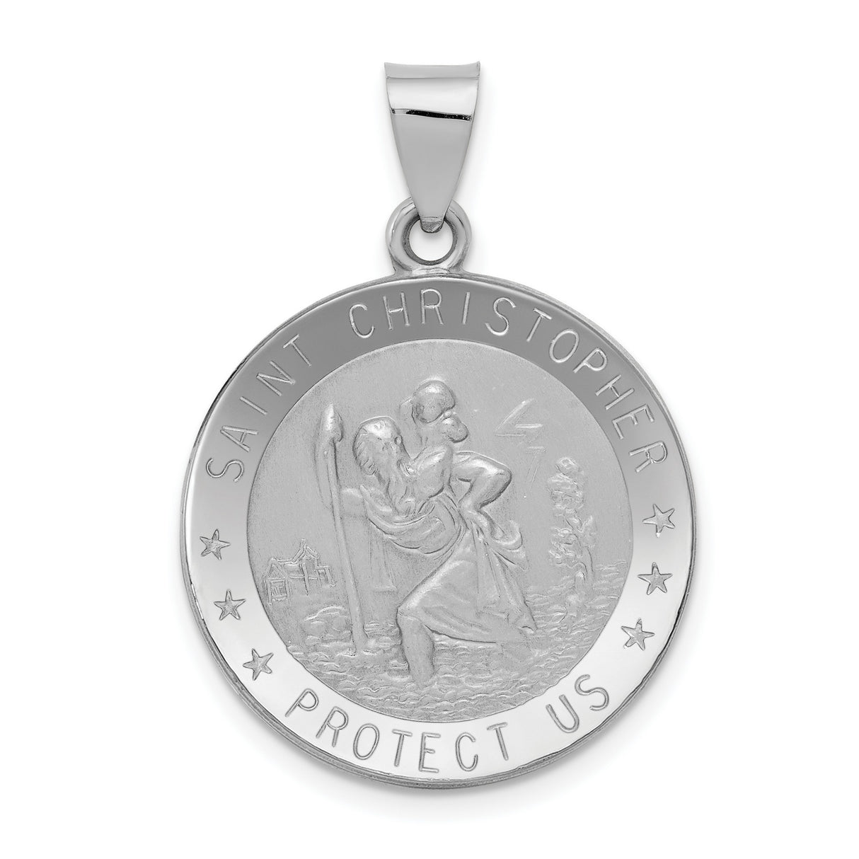 Hollow Saint Christopher Protect Us Words Round Medal Charm Pendant in Real 14k White Gold