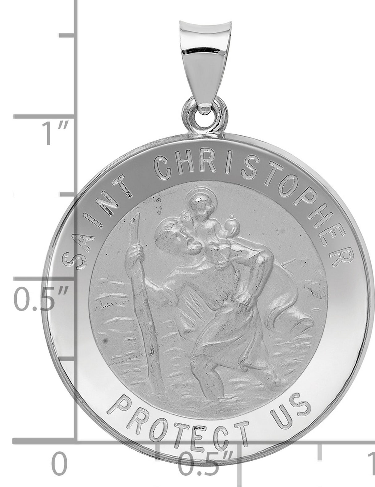 Hollow Saint Christopher Protect Us Words Round Medal Charm Pendant in Real 14k White Gold