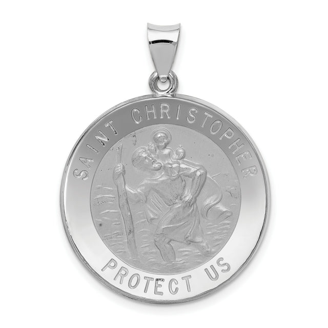 Hollow Saint Christopher Protect Us Words Round Medal Charm Pendant in Real 14k White Gold