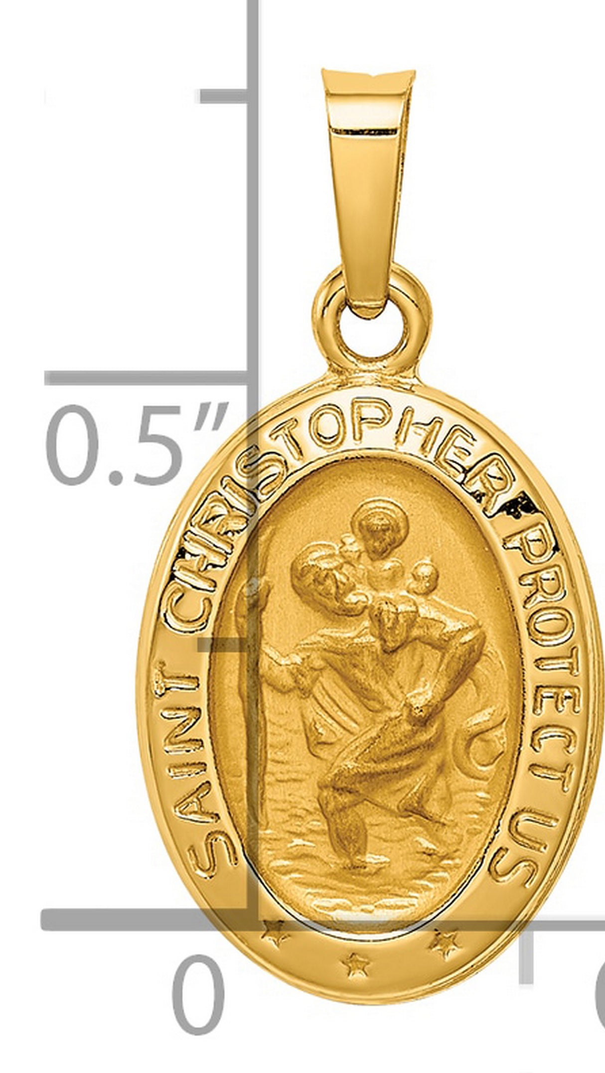 Hollow Saint Christopher Protect Us Words Oval Medal Charm Pendant in Real 14k Yellow Gold