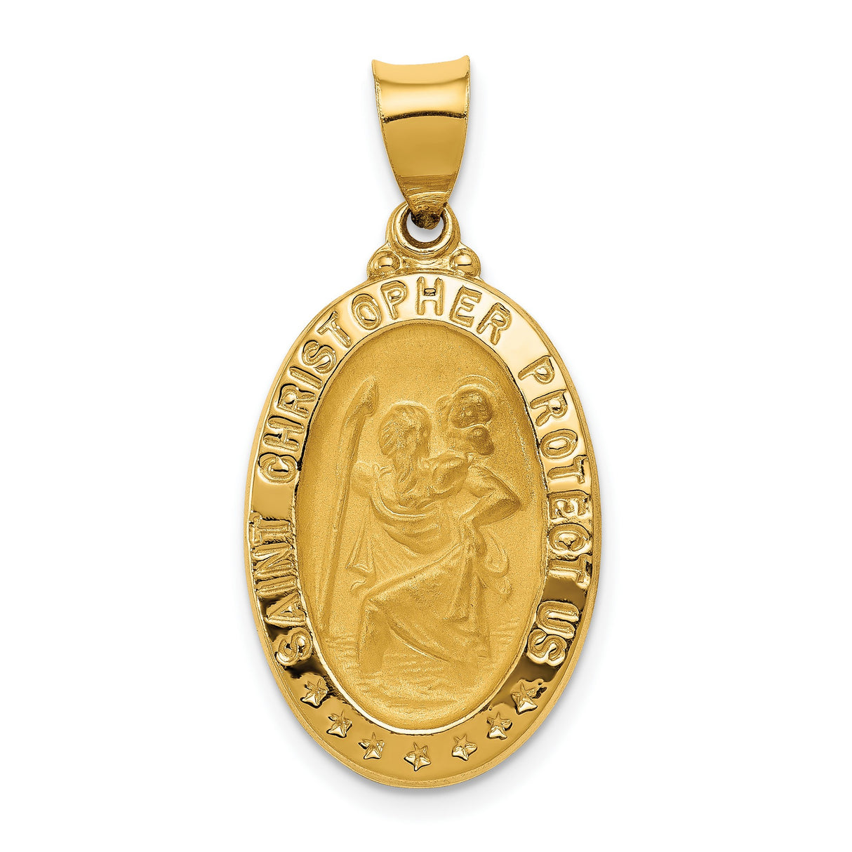 Hollow Saint Christopher Protect Us Words Oval Medal Charm Pendant in Real 14k Yellow Gold