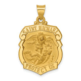 Hollow Saint Michael Protect Us Police Officer Badge Charm Pendant in Real 14k Yellow Gold