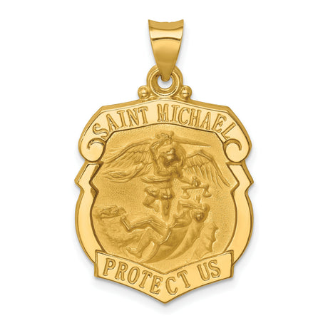 Hollow Saint Michael Protect Us Police Officer Badge Charm Pendant in Real 14k Yellow Gold