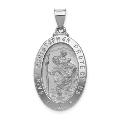 Hollow Saint Christopher Protect Us Words Oval Medal Charm Pendant in Real 14k White Gold