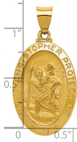 Hollow Saint Christopher Protect Us Words Oval Medal Charm Pendant in Real 14k Yellow Gold