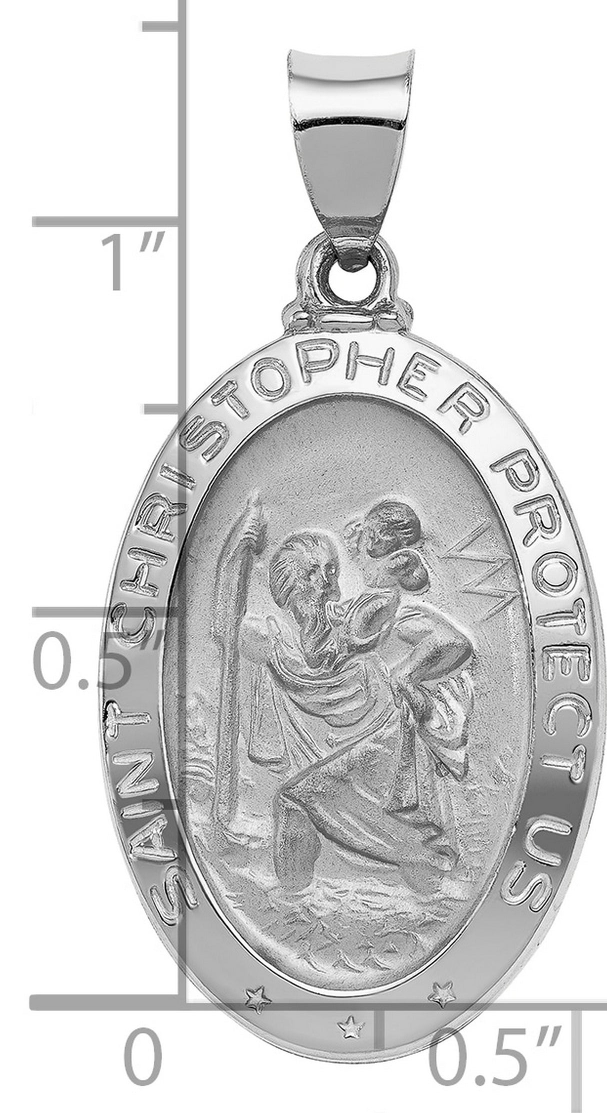 Hollow Saint Christopher Protect Us Words Oval Medal Charm Pendant in Real 14k White Gold