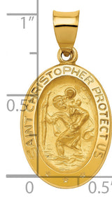 Hollow Saint Christopher Protect Us Words Oval Medal Charm Pendant in Real 14k Yellow Gold