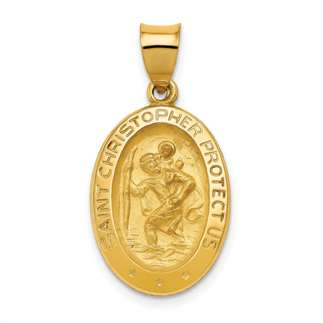 Hollow Saint Christopher Protect Us Words Oval Medal Charm Pendant in Real 14k Yellow Gold