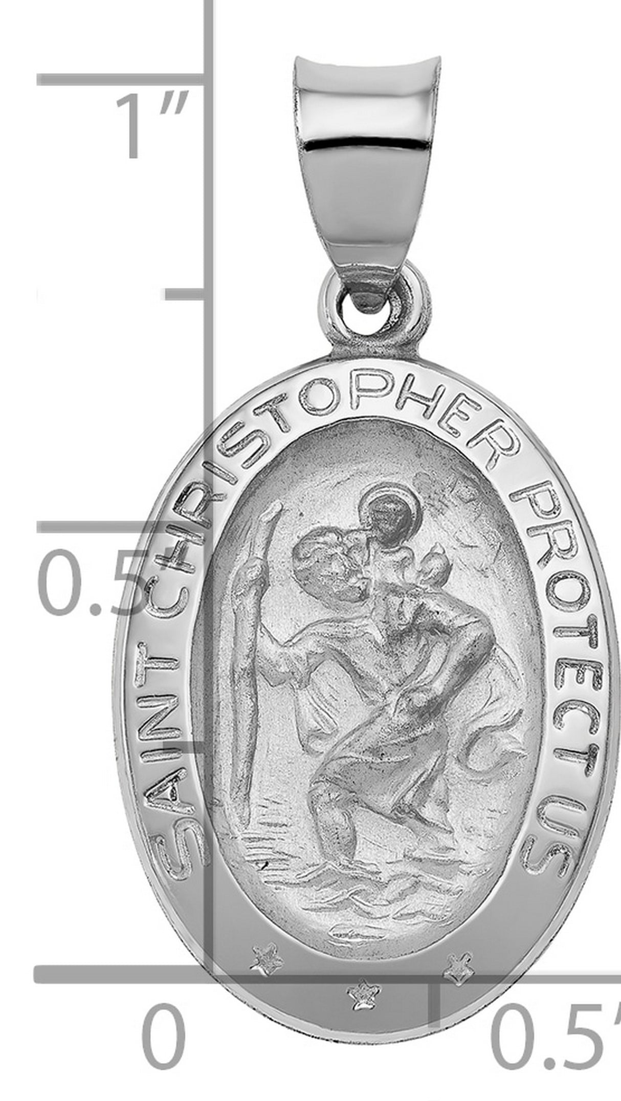 Hollow Saint Christopher Protect Us Words Oval Medal Charm Pendant in Real 14k White Gold