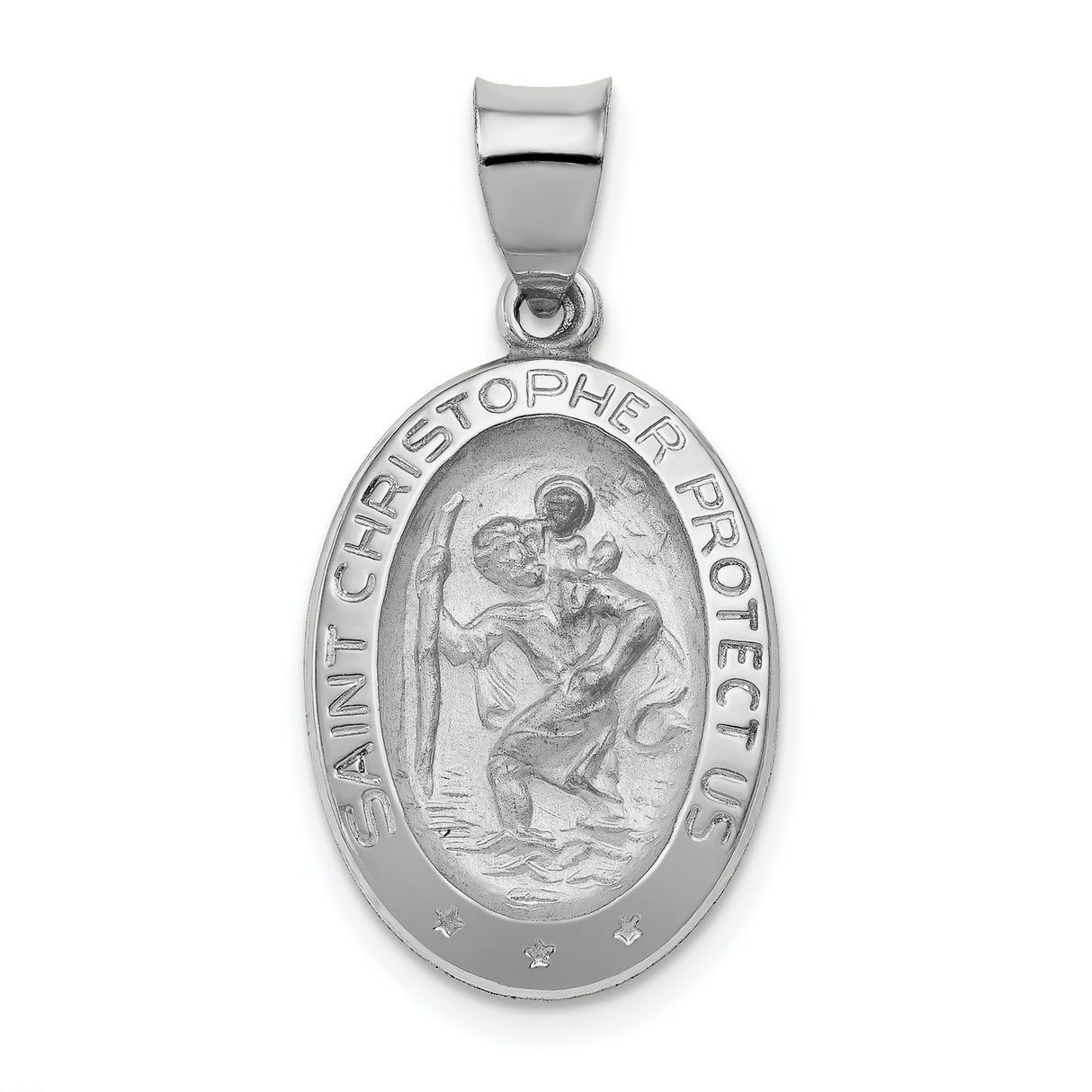 Hollow Saint Christopher Protect Us Words Oval Medal Charm Pendant in Real 14k White Gold