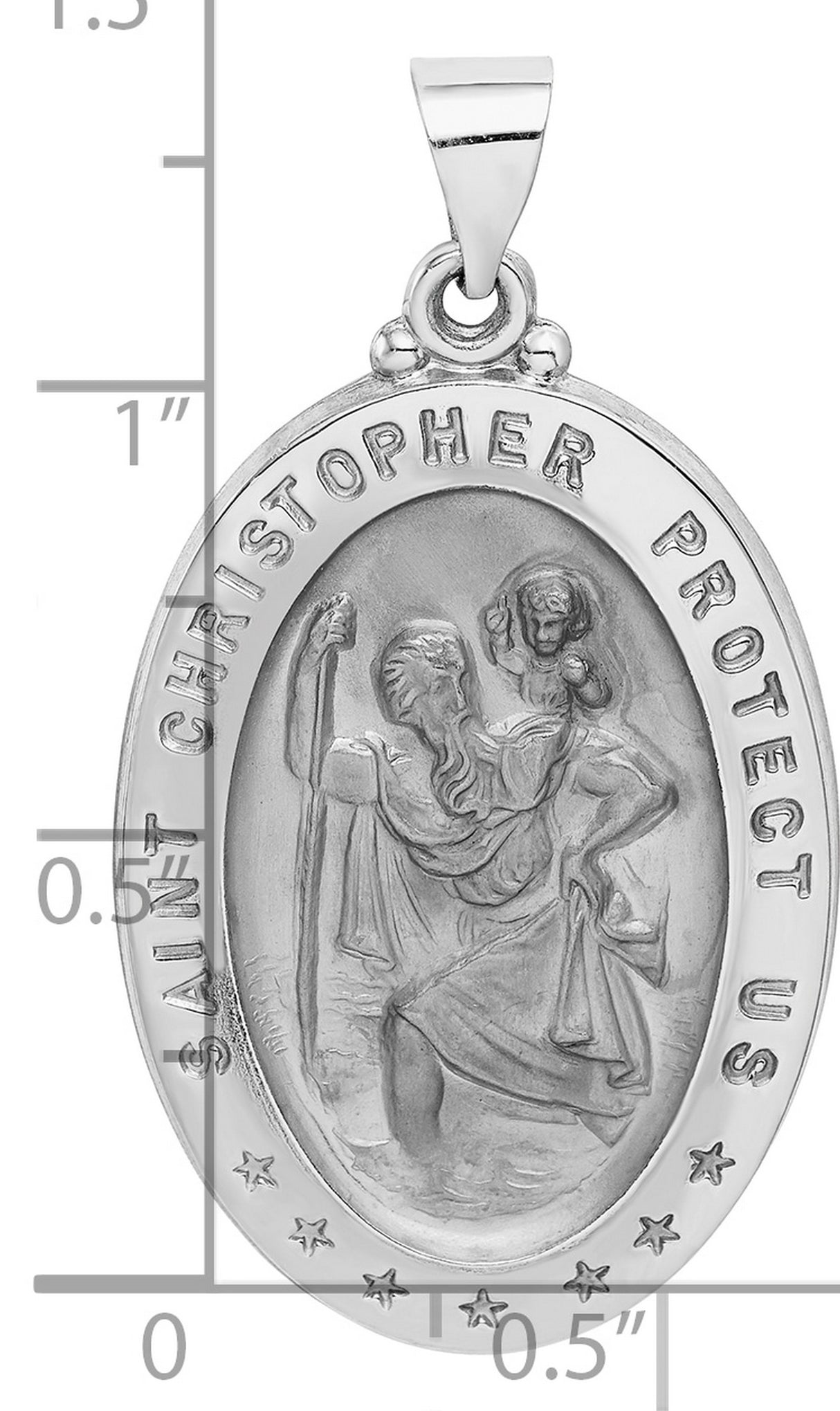 Hollow Saint Christopher Protect Us Words Oval Medal Charm Pendant in Real 14k White Gold