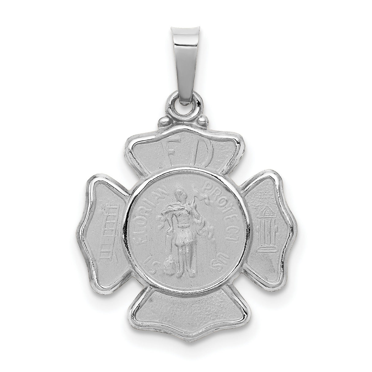 14k White Gold Firefighter Pendant with St. Florian and Maltese Cross Emblem