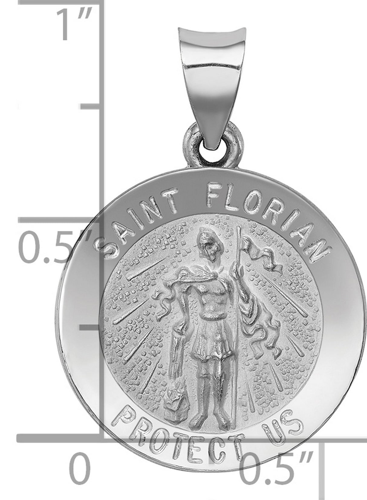 14k White Gold Saint Florian Pendant, Protect Us Inscription, Catholic Patron Medal for Firefighters