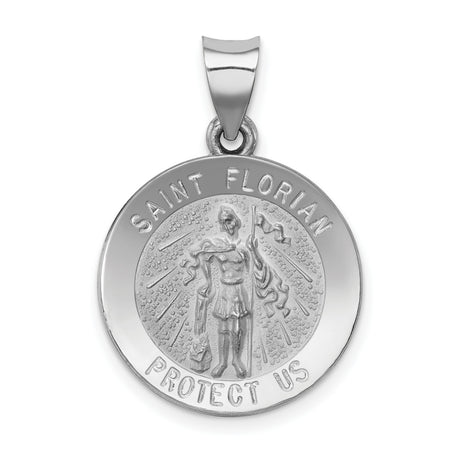 14k White Gold Saint Florian Pendant, Protect Us Inscription, Catholic Patron Medal for Firefighters