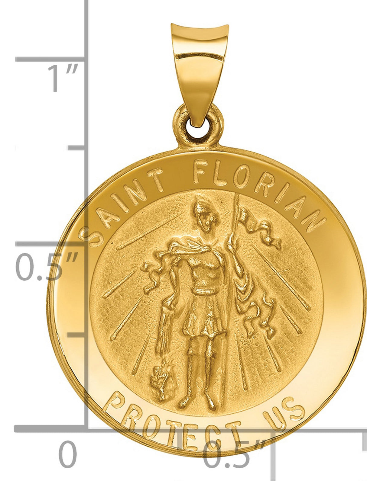 Saint Florian Protect Us Words Round Charm Pendant in Real 14k Yellow Gold