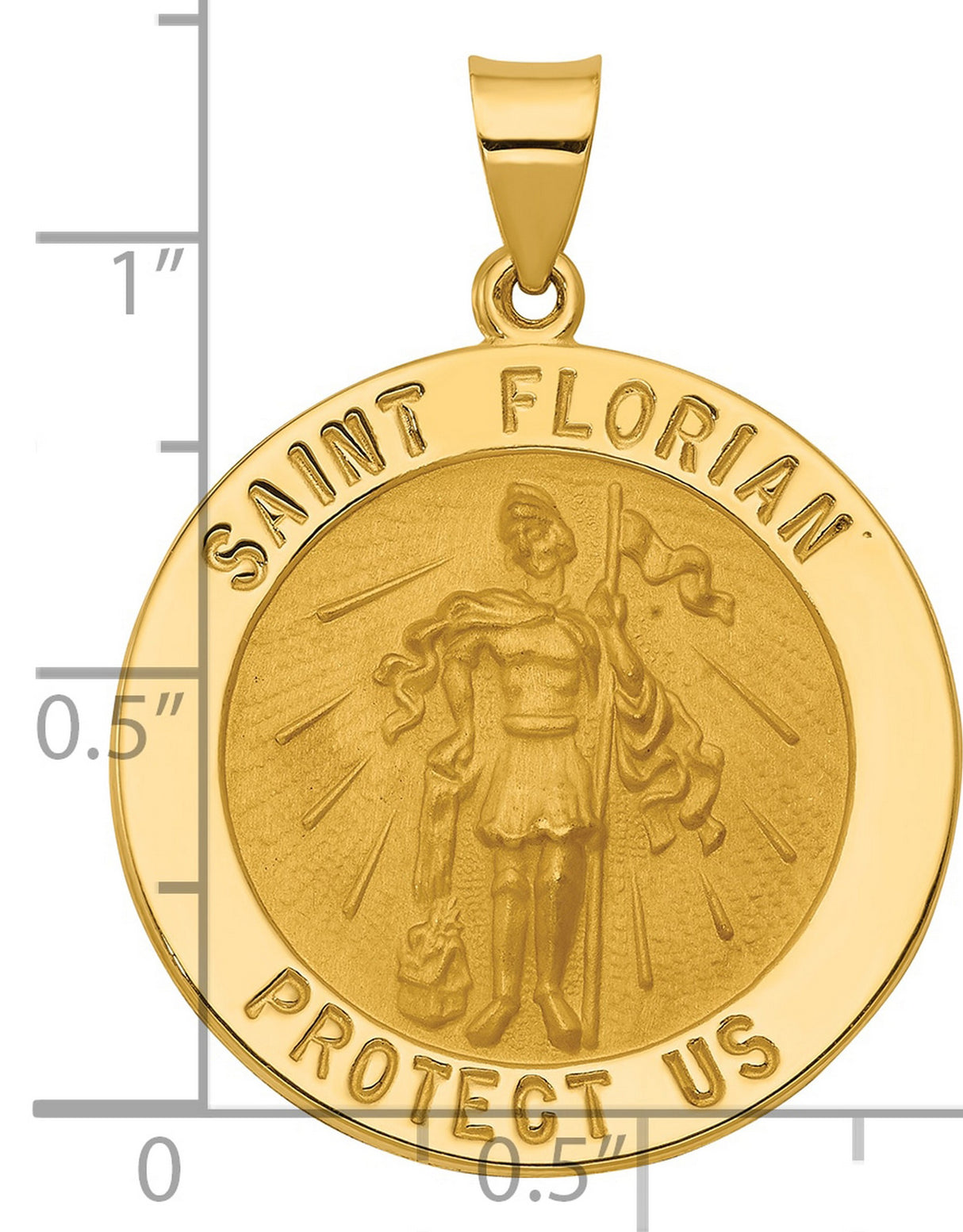 Saint Florian Protect Us Words Round Charm Pendant in Real 14k Yellow Gold