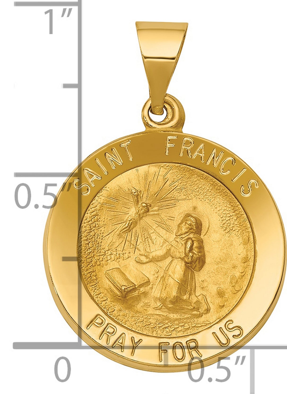 Hollow Saint Francis Receiving Stigmata Pray For Us Words Round Medal Charm Pendant in Real 14k Yellow Gold