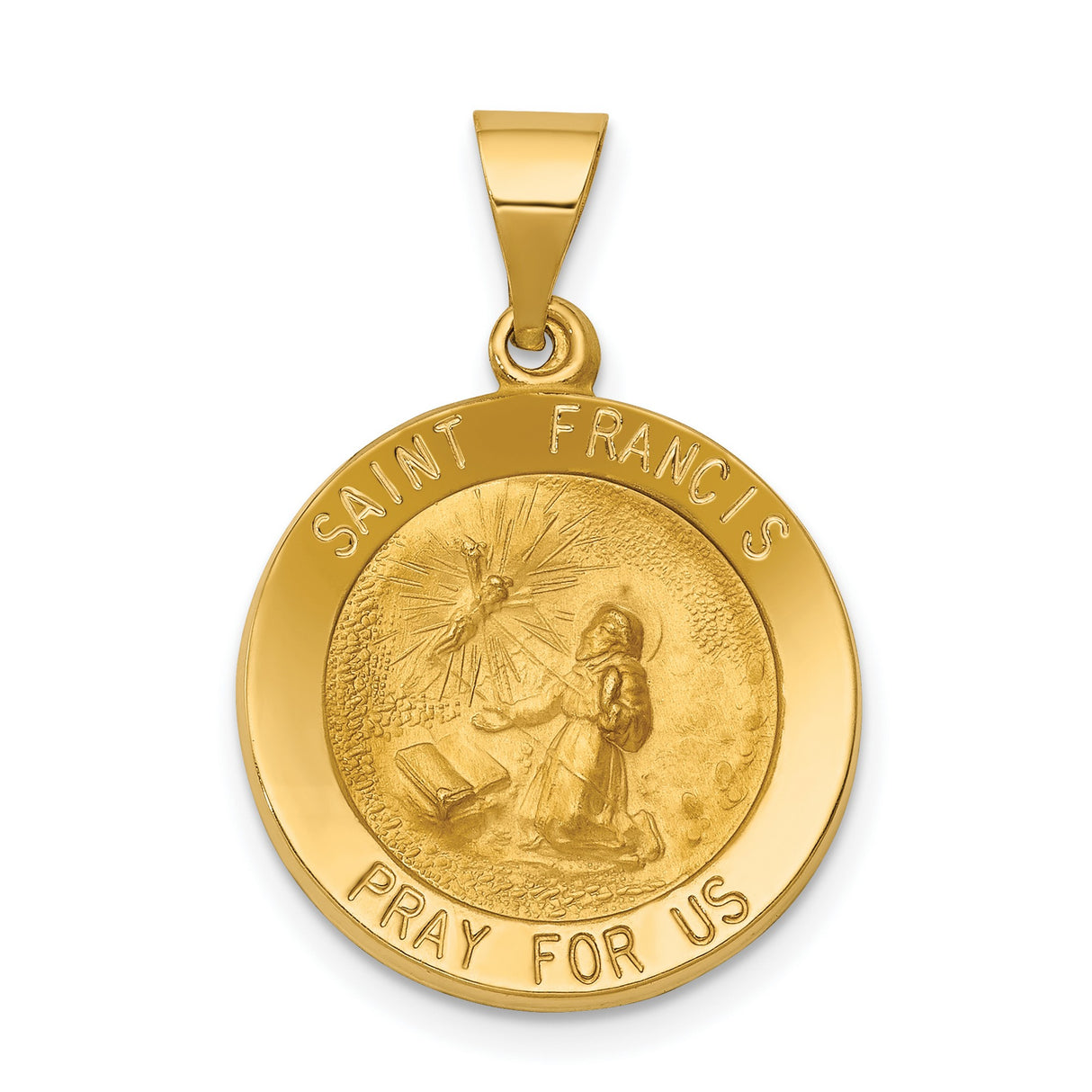 Hollow Saint Francis Receiving Stigmata Pray For Us Words Round Medal Charm Pendant in Real 14k Yellow Gold