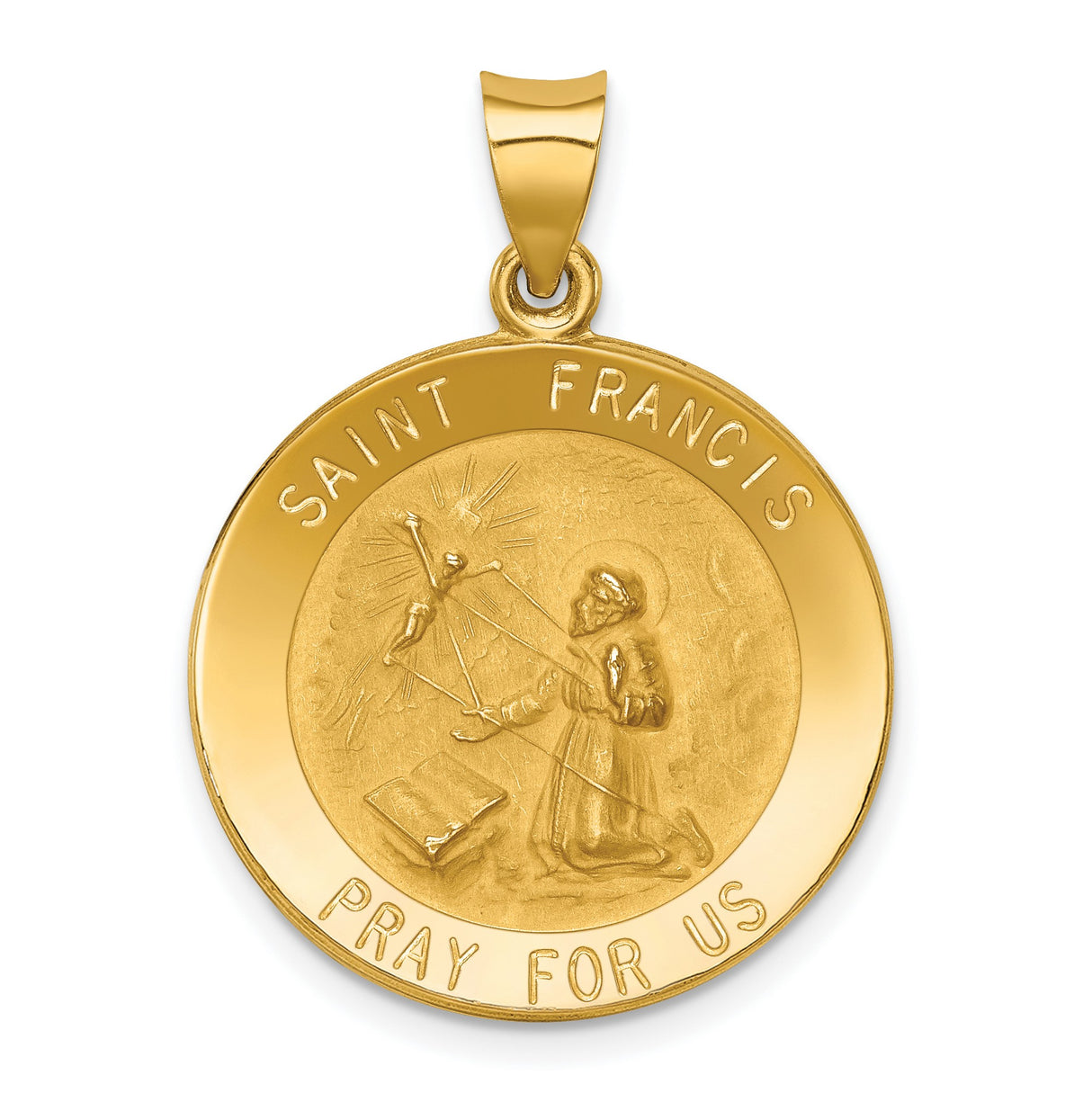 Hollow Saint Francis Receiving Stigmata Pray For Us Words Round Medal Charm Pendant in Real 14k Yellow Gold