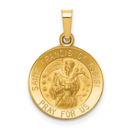 Hollow Saint Francis Of Assisi Pray For Us Words Round Medal Charm Pendant in Real 14k Yellow Gold