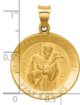 Hollow Saint Francis Of Assisi Pray For Us Words Round Medal Charm Pendant in Real 14k Yellow Gold