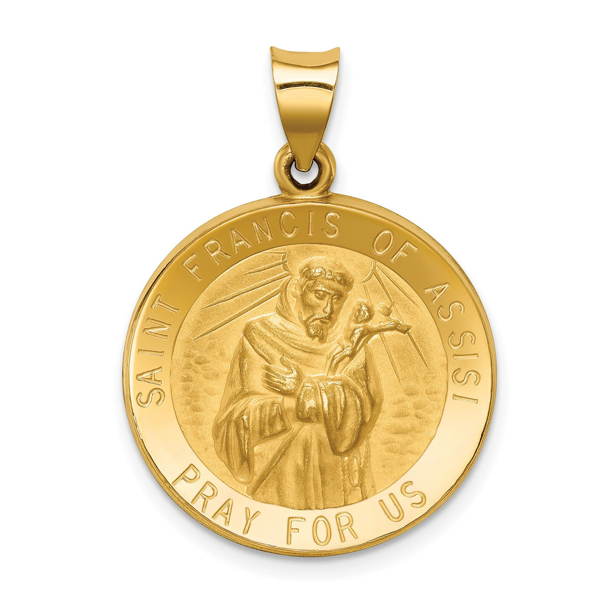 Hollow Saint Francis Of Assisi Pray For Us Words Round Medal Charm Pendant in Real 14k Yellow Gold