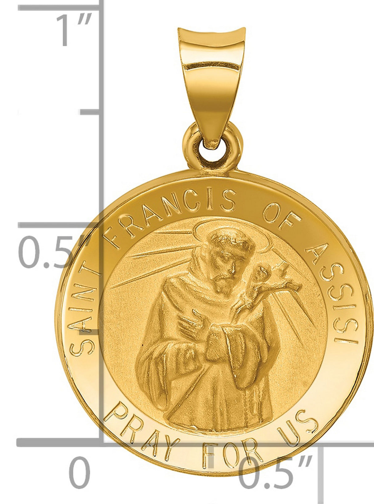 Hollow Saint Francis Of Assisi Pray For Us Words Round Medal Charm Pendant in Real 14k Yellow Gold