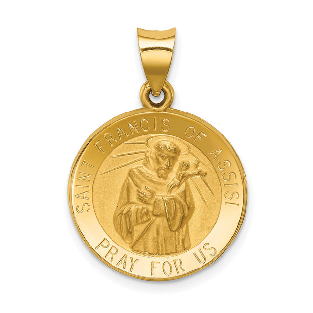 Hollow Saint Francis Of Assisi Pray For Us Words Round Medal Charm Pendant in Real 14k Yellow Gold