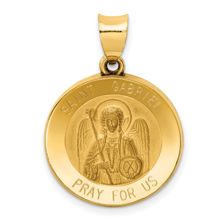 Hollow Saint Gabriel Pray For Us Words Round Medal Charm Pendant in Real 14k Yellow Gold