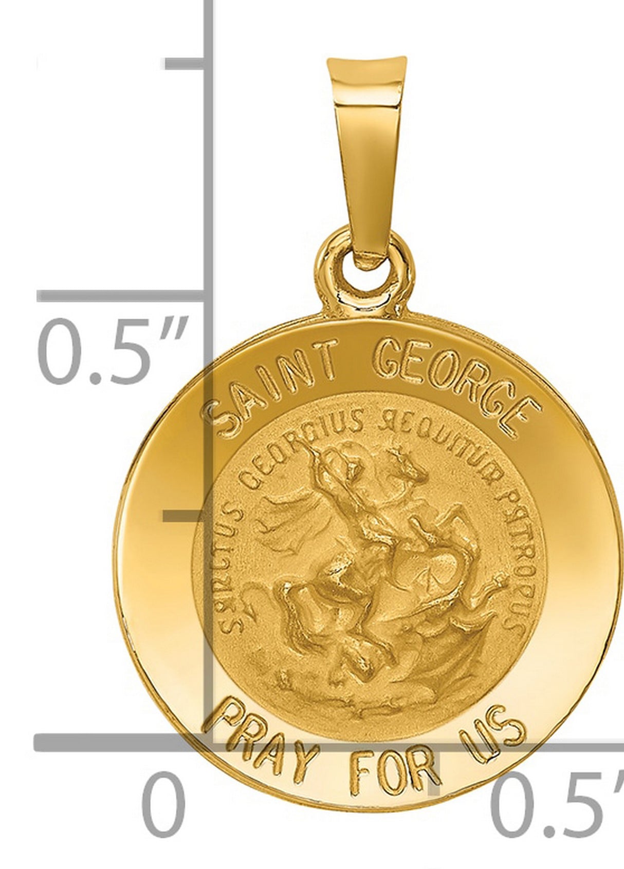 Hollow Saint George Pray For Us Words Round Medal Charm Pendant in Real 14k Yellow Gold