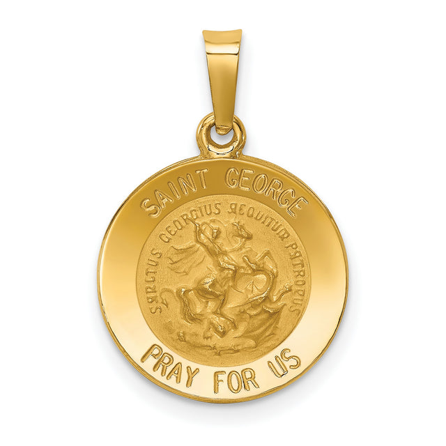 Hollow Saint George Pray For Us Words Round Medal Charm Pendant in Real 14k Yellow Gold