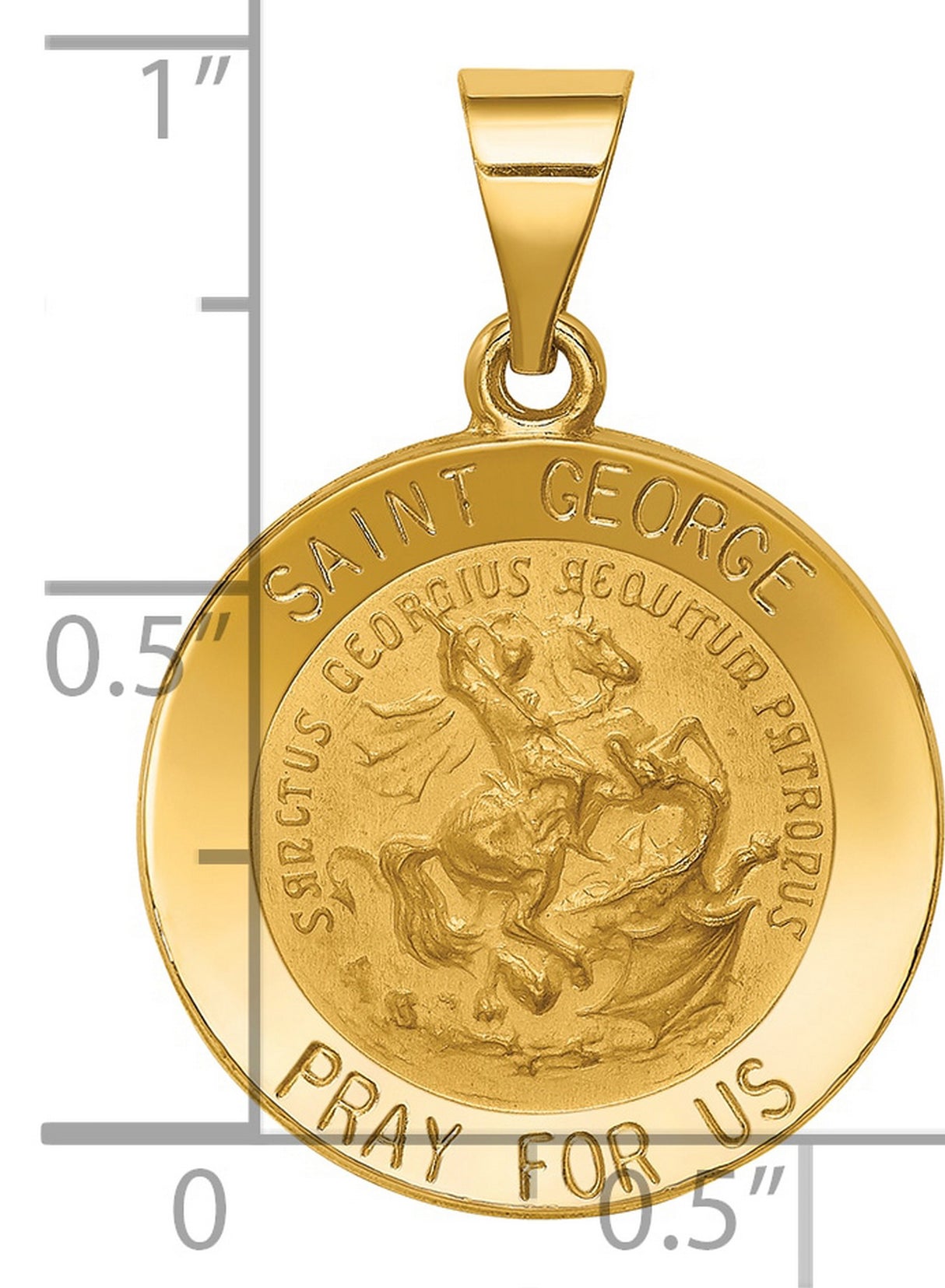 Hollow Saint George Pray For Us Words Round Medal Charm Pendant in Real 14k Yellow Gold