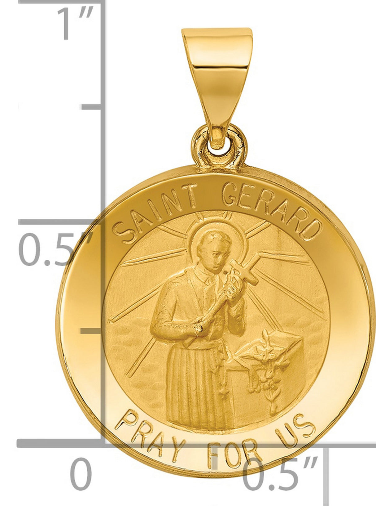 Hollow Saint Gerard Pray For Us Words Round Medal Charm Pendant in Real 14k Yellow Gold