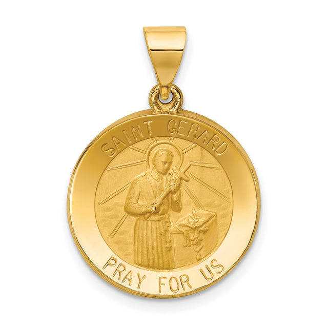 Hollow Saint Gerard Pray For Us Words Round Medal Charm Pendant in Real 14k Yellow Gold