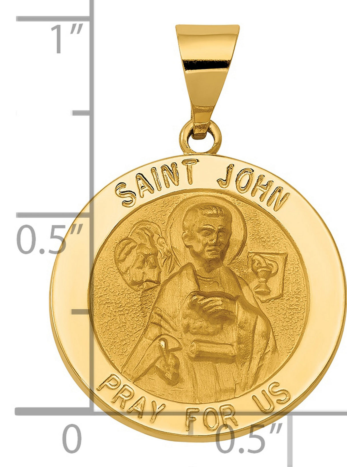 Hollow Saint John Pray For Us Words Round Medal Charm Pendant in Real 14k Yellow Gold