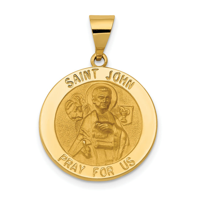 Hollow Saint John Pray For Us Words Round Medal Charm Pendant in Real 14k Yellow Gold