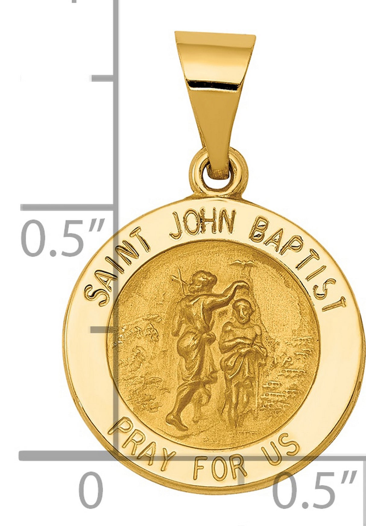 Hollow Saint John Baptist Pray For Us Words Round Medal Charm Pendant in Real 14k Yellow Gold